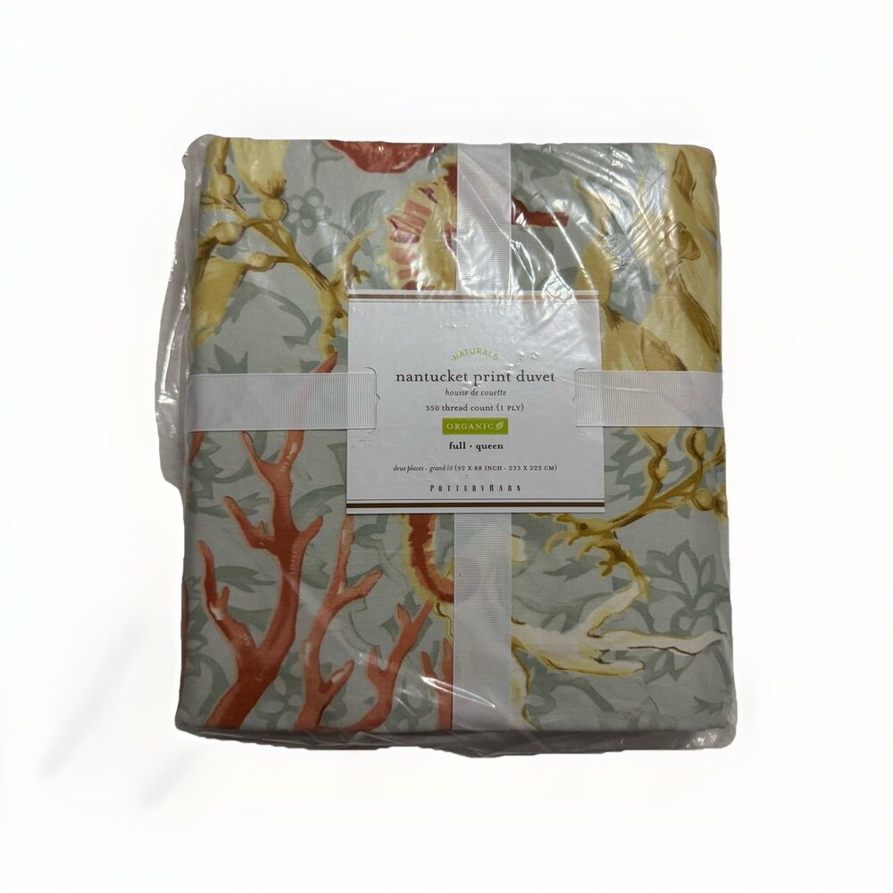 Pottery Barn Nantucket Print Organic Cotton Coral Reef Seahorse Queen Duvet 350